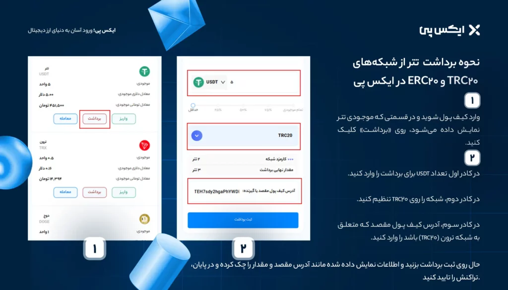نحوه برداشت تتر TRC20 از صرافی ایکس پی