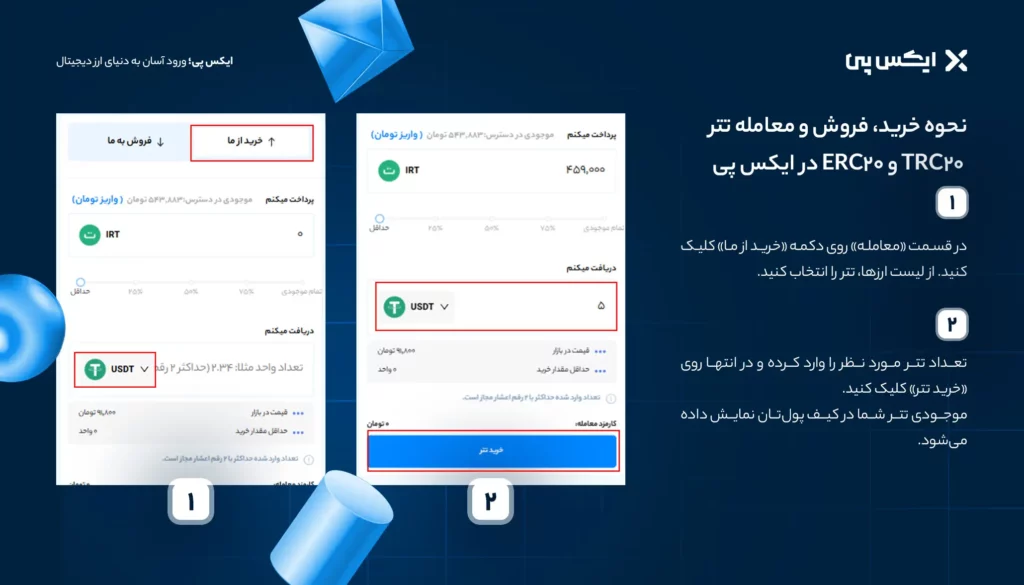 نحوه خرید تتر ERC20 و TRC20 در ایکس پی